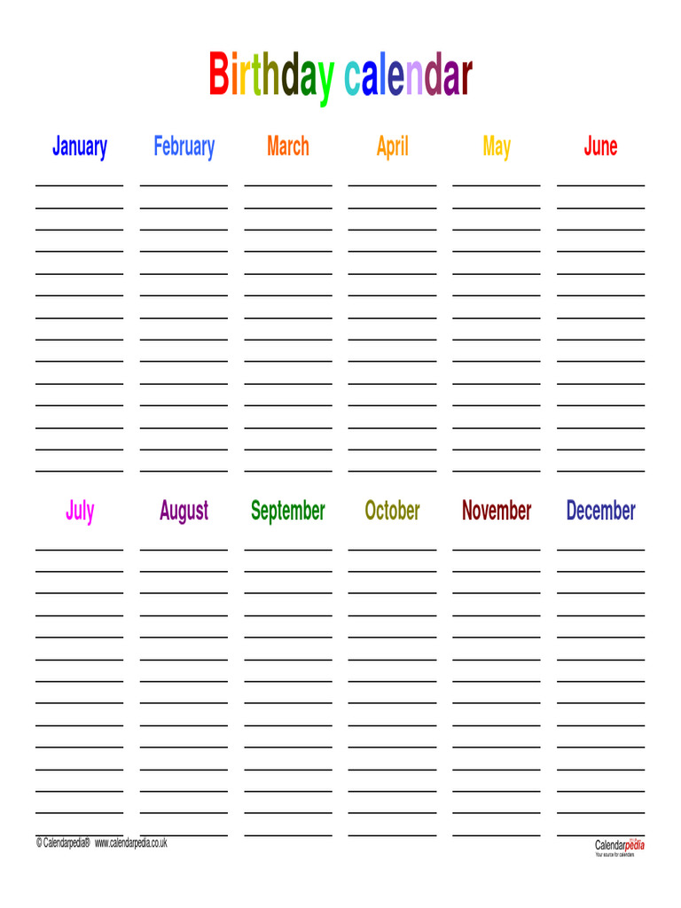 Birthday Calendar Landscape in Colour PDF