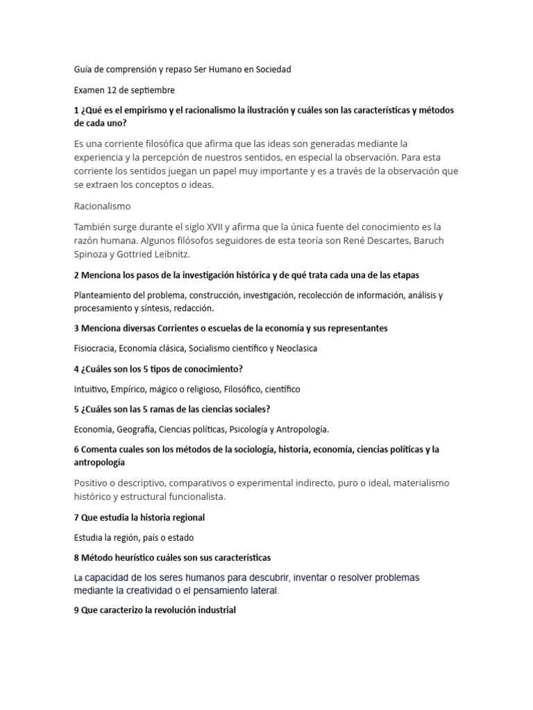 Guía de Comprensión y Repaso Ser Humano en Sociedad | PDF ...