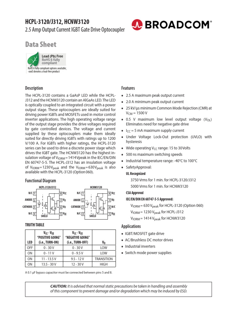 HCPL-3120 Optocoupler Data Sheet | PDF | Insulator (Electricity ...