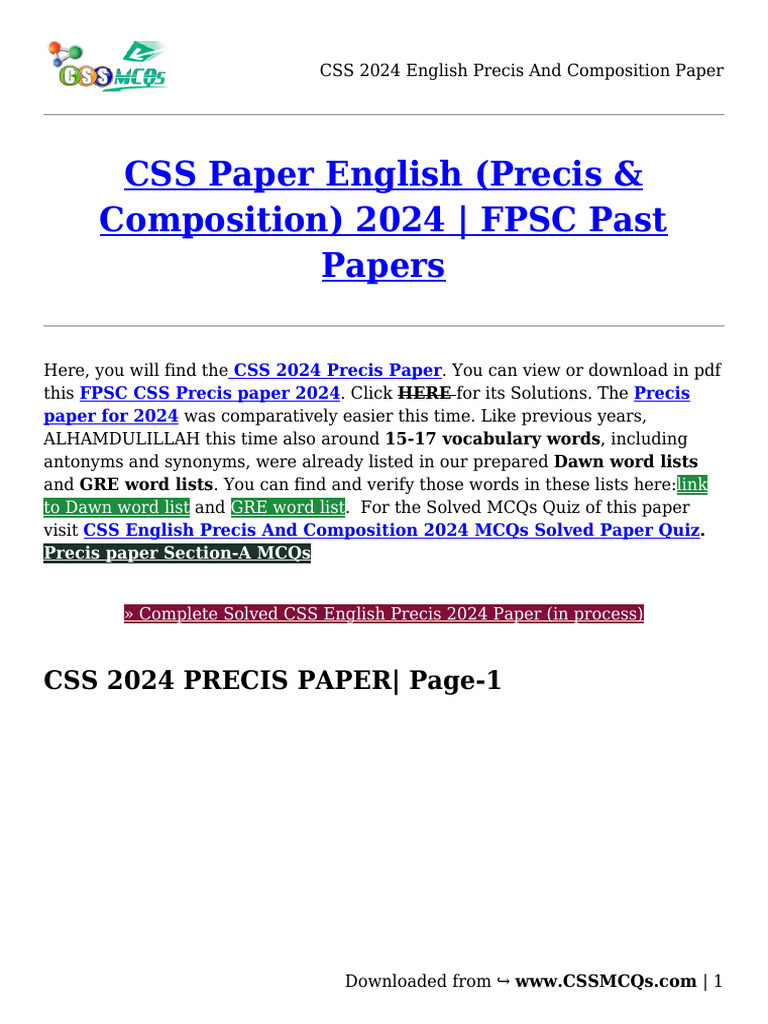 CSS 2024 English Precis and Composition Paper | PDF | English Language ...
