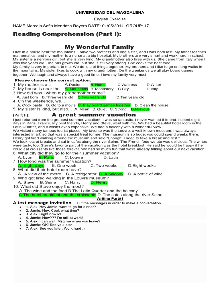 Reading and Writing Exercise PDF