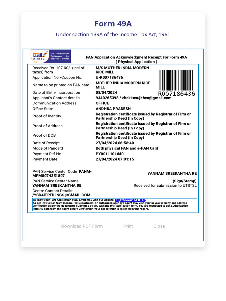 PAN Application Acknowledgment for Rice Mill | PDF | Government ...
