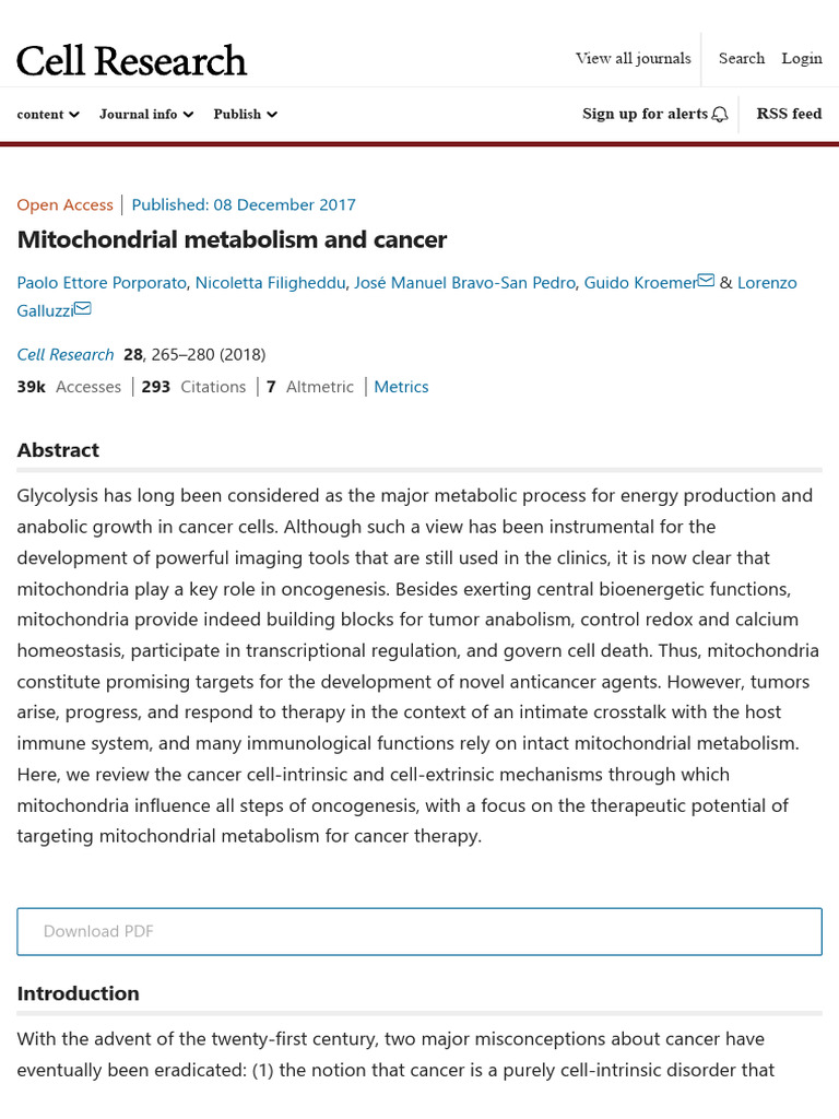 Mitochondrial Metabolism in Cancer Therapy | PDF | Mitochondrion ...
