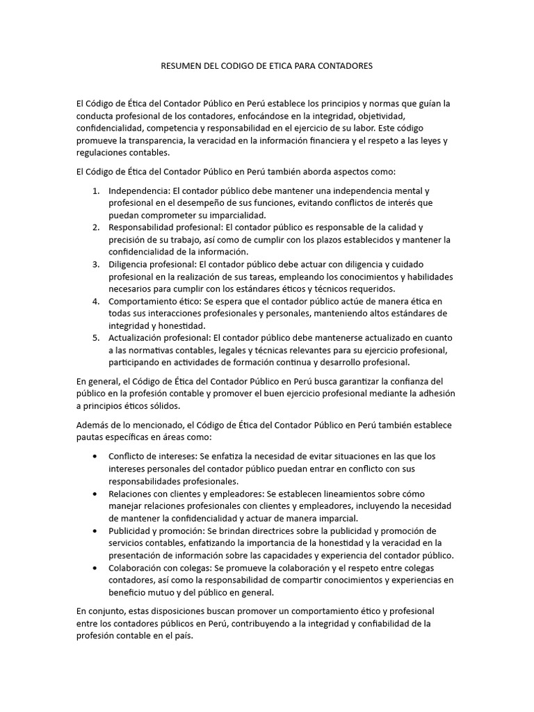 RESUMEN DEL CODIGO DE ETICA PARA CONTADORES | PDF | Contador | Contabilidad