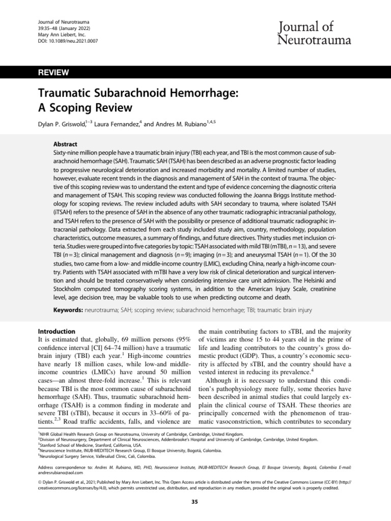 Traumatic Subarachnoid Hemorrhage A Scoping Review | PDF | Systematic ...