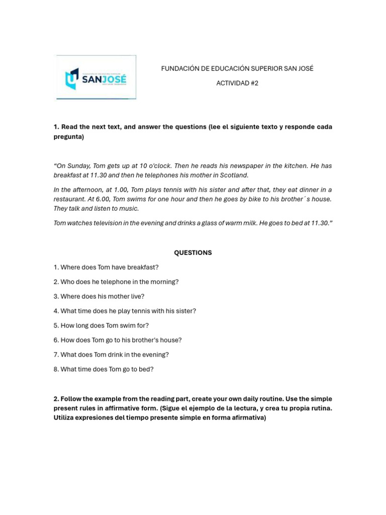 Daily Routine Reading and Questions | PDF | Language Arts & Discipline