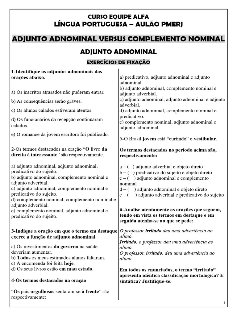 Adjunto Adnominal e Complemento Nominal | PDF | Gramática | Linguística