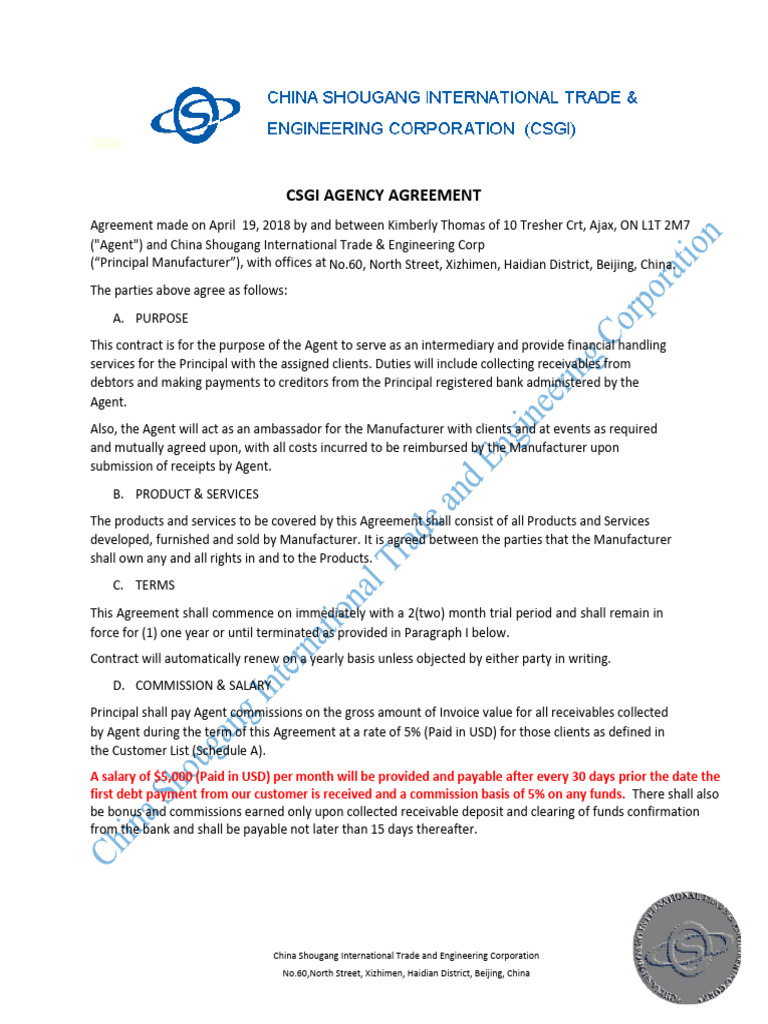 CSGI Agency Agreement Overview | PDF | Employment | Accounts Payable
