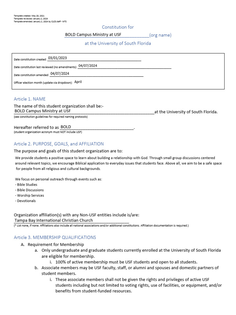 BOLD Campus Ministry USF Constitution 2024-2025 | PDF | Board Of ...