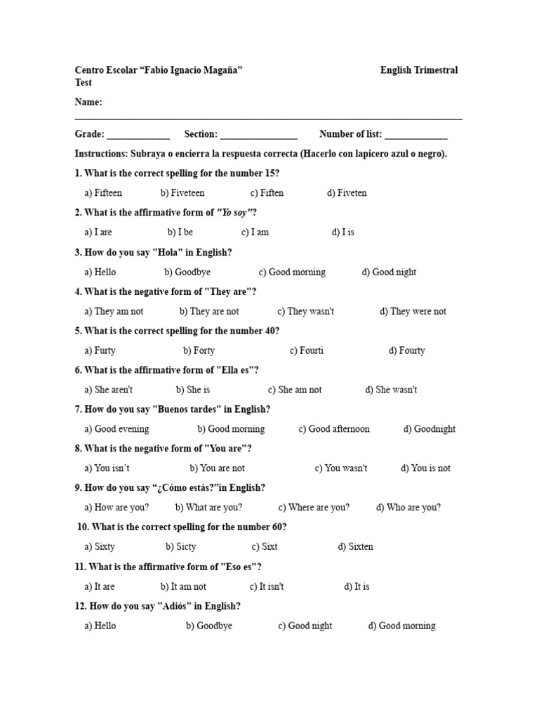 Examen de Ingles de 6to Grado | PDF