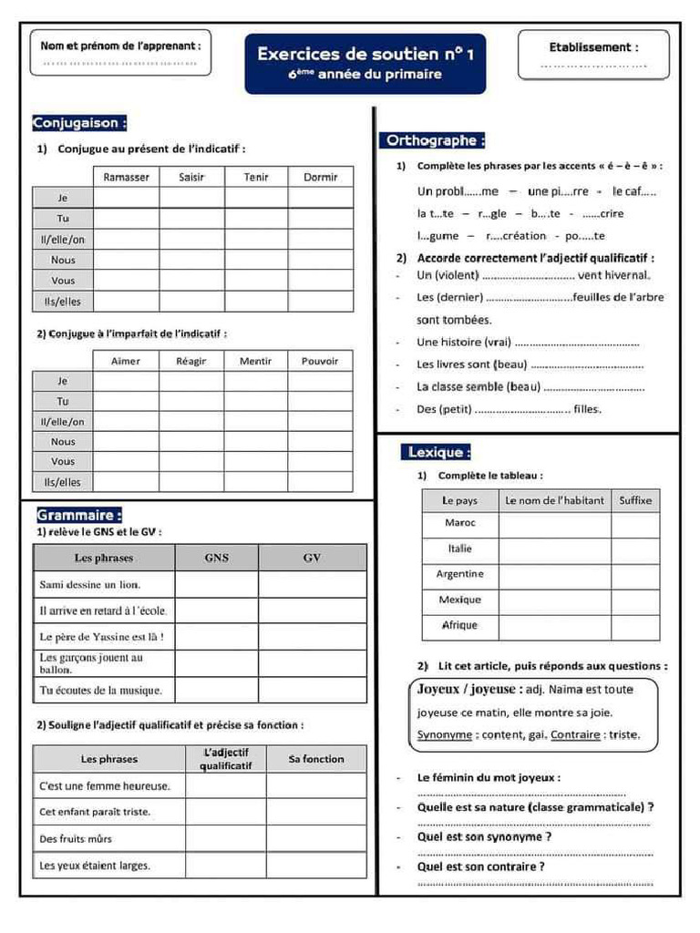 Exercices Francais 6 Ap | PDF