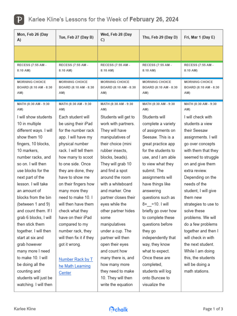 Weekly Lesson Plan for Kindergarten | PDF | Mathematics