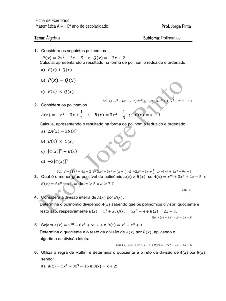 Exercícios sobre Polinômios para 10º Ano | PDF | Raiz (Matemática ...