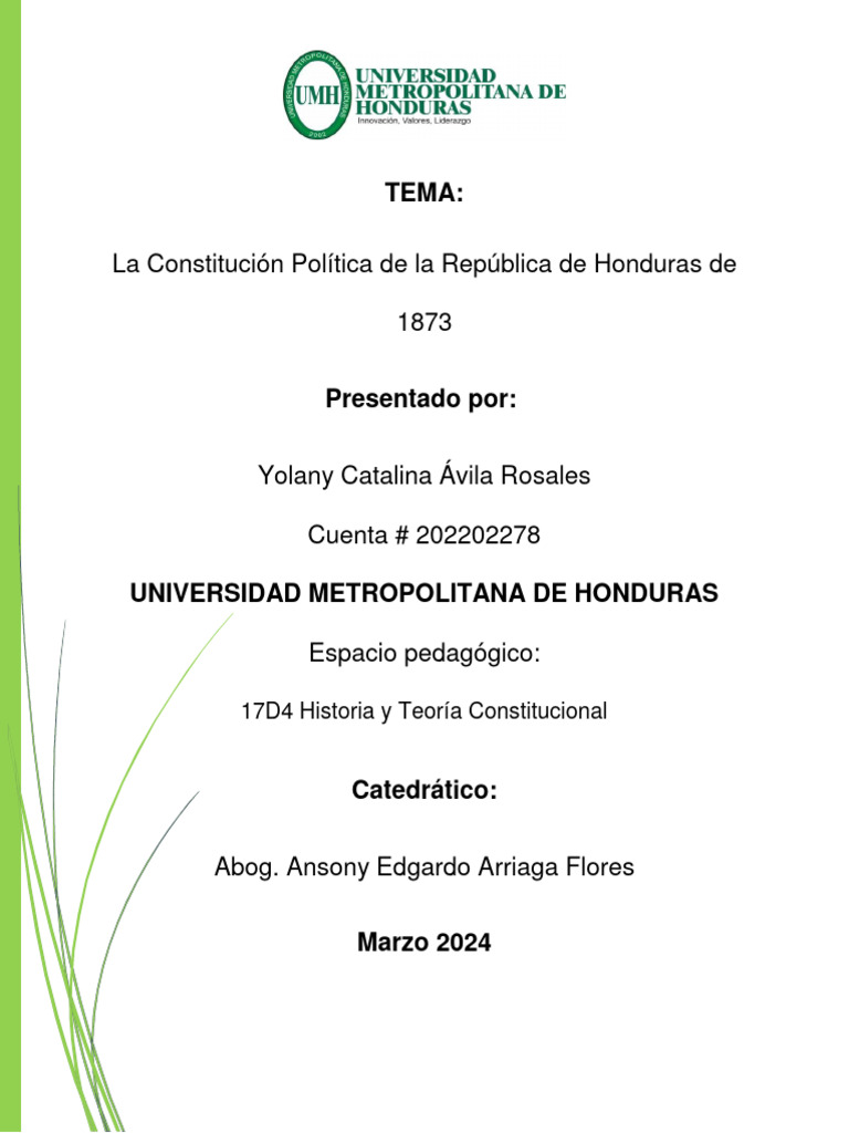 Constitución Política de La República de Honduras de 1873 PDF