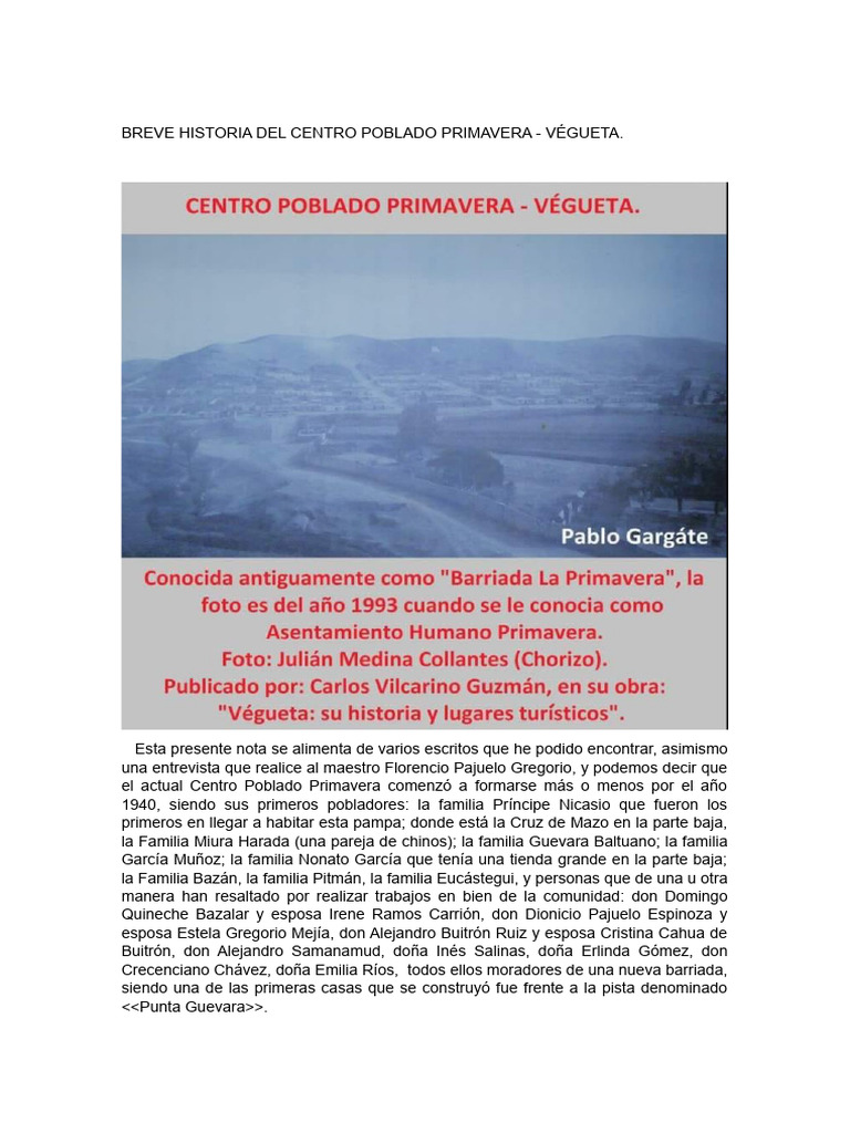Historia del Centro Poblado Primavera | PDF | Viajes y turismo