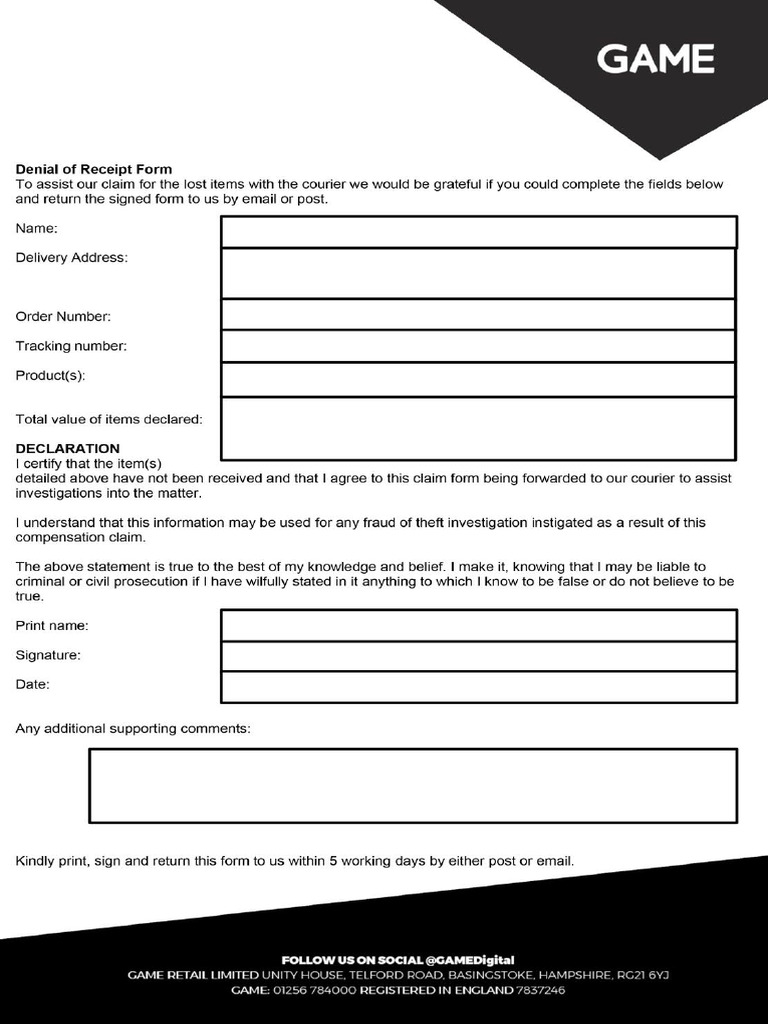 Denial of Receipt Form GAME PDF