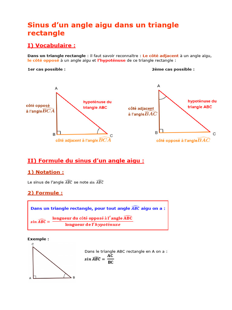 Sinus dans un triangle rectangle | PDF | Fonction trigonométrique ...