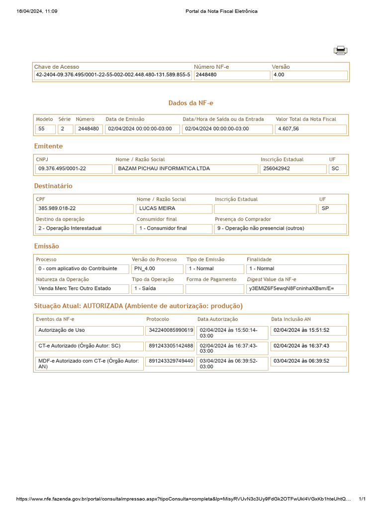 Consulta Nota Fiscal Eletrônica 2448480 | PDF | Recibo
