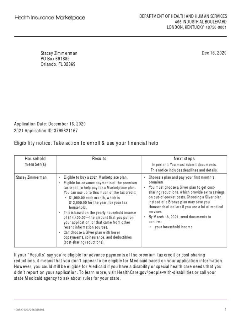 Eligibility Results Notice | PDF | Medicaid | Health Insurance Marketplace