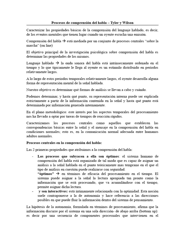 Procesos de Comprensión Del Habla TAYLER Y MARSLEN WILSON | PDF ...