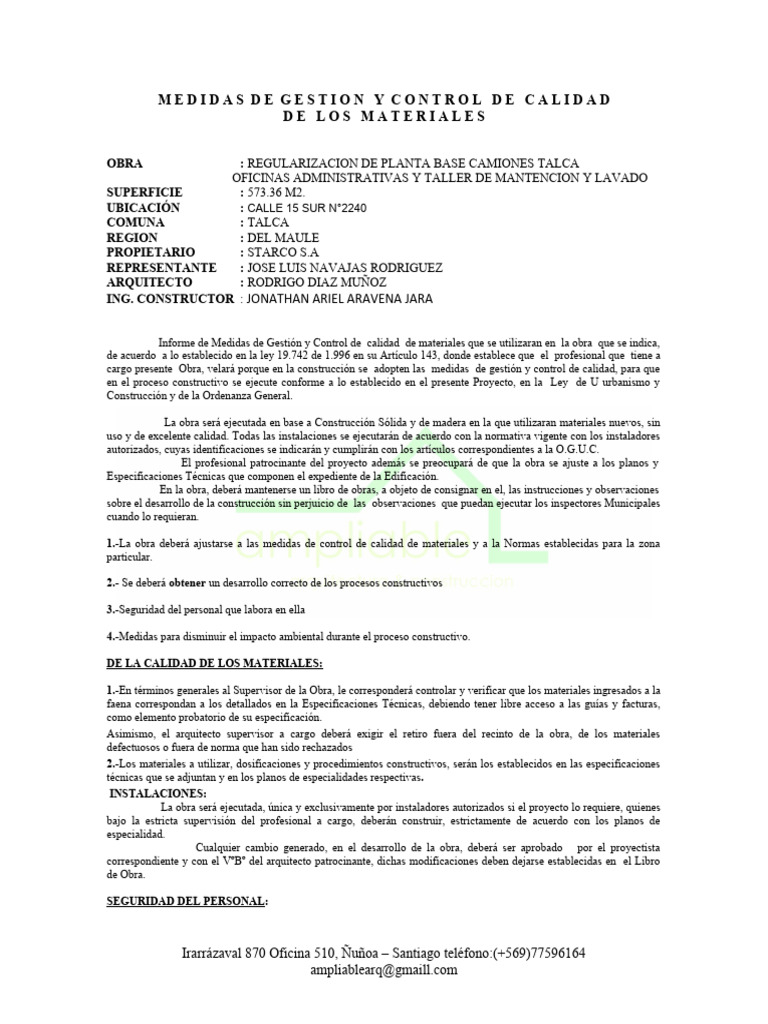 MEDIDAS DE CONTROL Y GESTION STARCO TALCA | PDF | Arquitecto