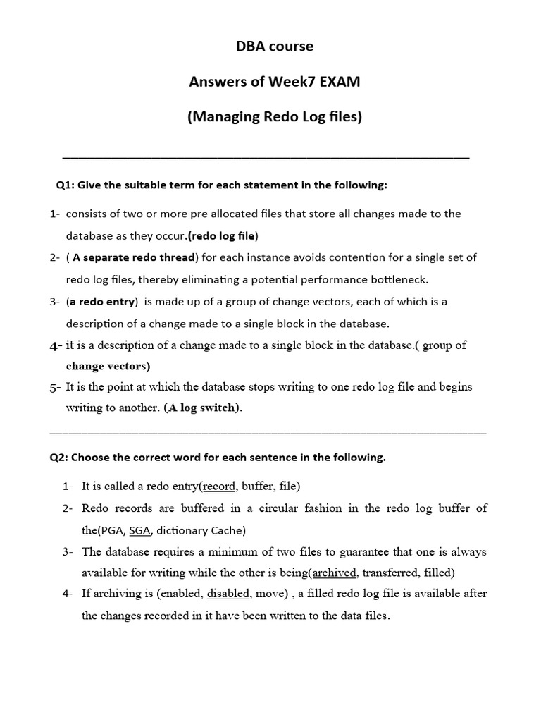 Week 7 Exam Answers: Redo Log Management | PDF | Databases | Computer File
