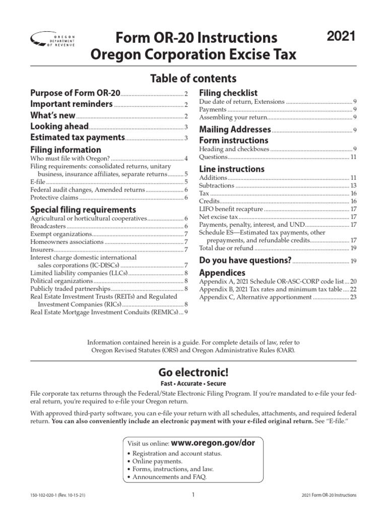 2021 Form OR-20-INC Tax Instructions | PDF | Income Tax In The United ...