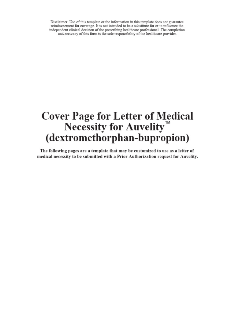Word template cover page for letter of medical necessity for auvelity
