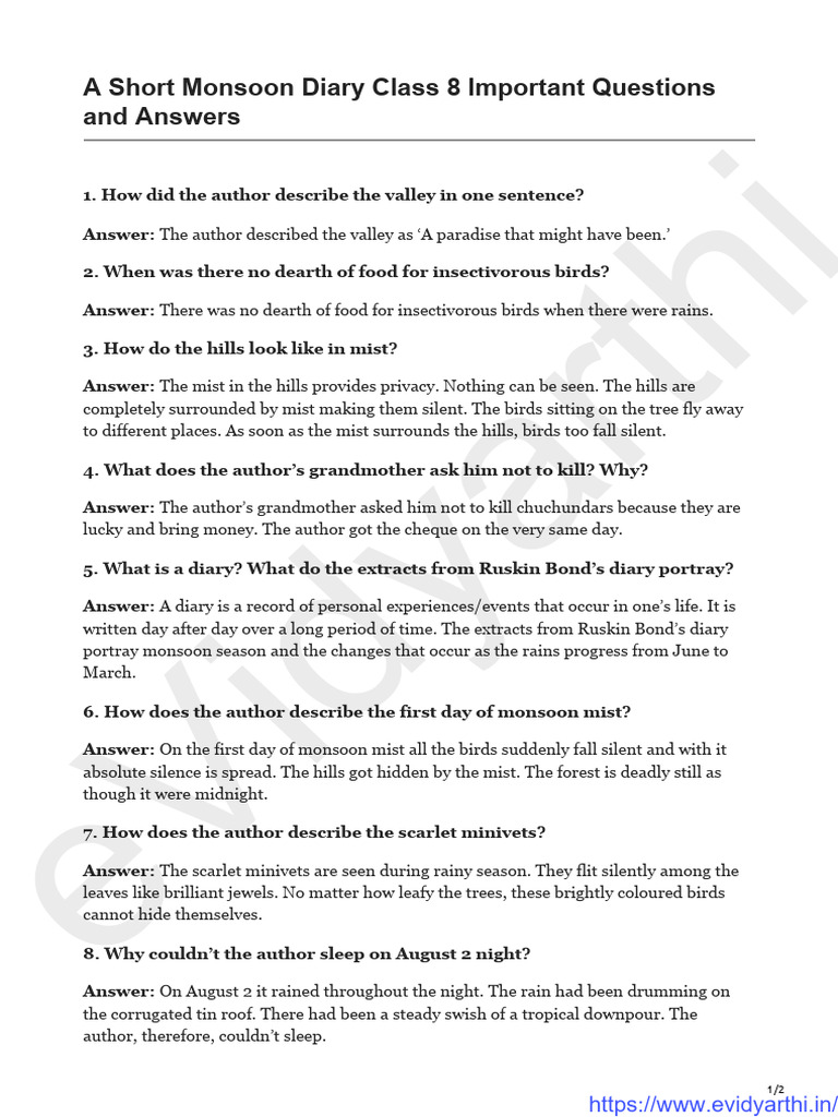 class8englishchapter8importantquestionshoneydew PDF