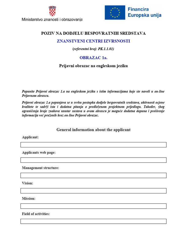 Obrazac 1 A Prijavni Obrazac Na Engleskom Jeziku Download Free Pdf