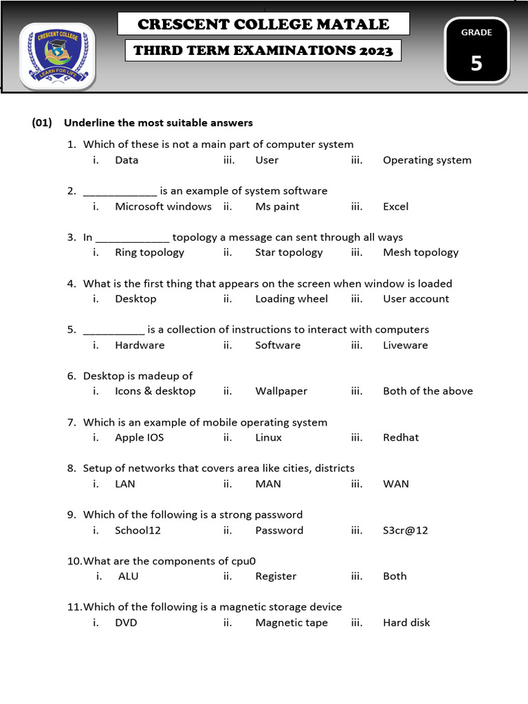 Grade 5 ICT Third Term Test Paper | PDF | Operating System | Computer ...