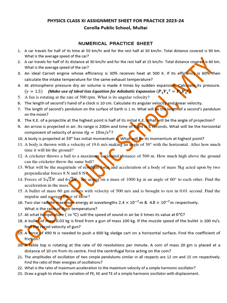 Physics Class Xi Assignment Sheet For Practice 2021 Num | PDF | Force ...