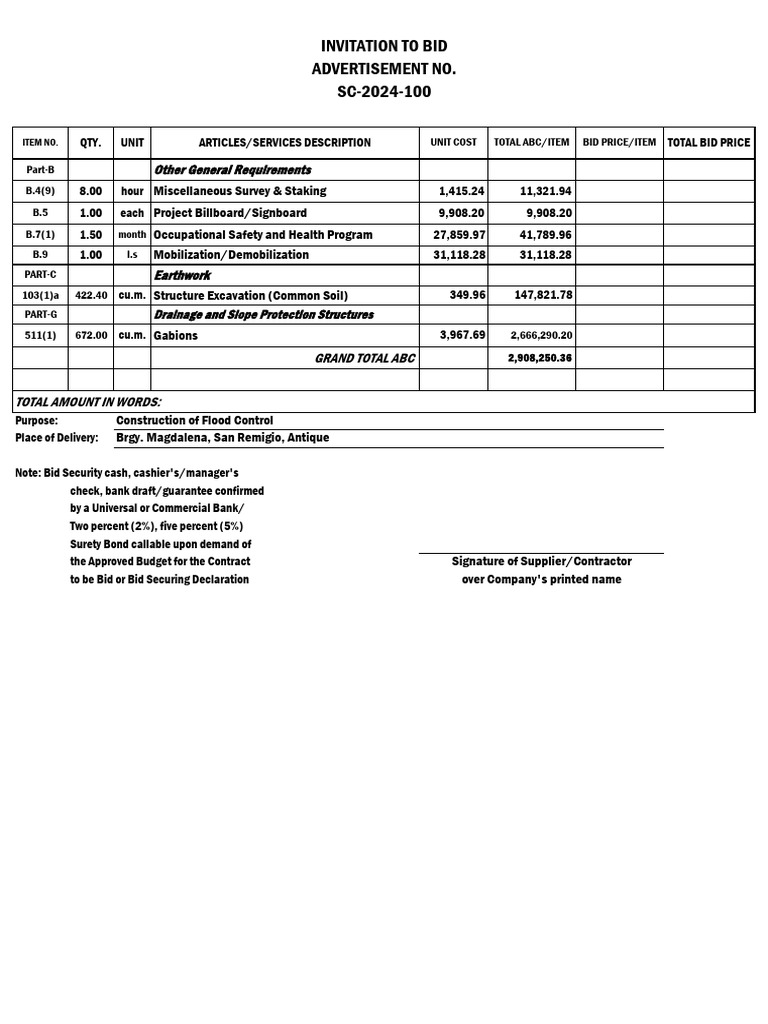 Flood Control Project Bid Proposal | PDF