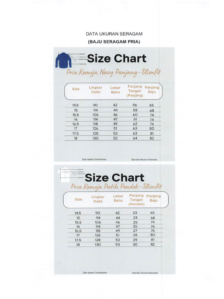 Data Size Chart Seragam | PDF