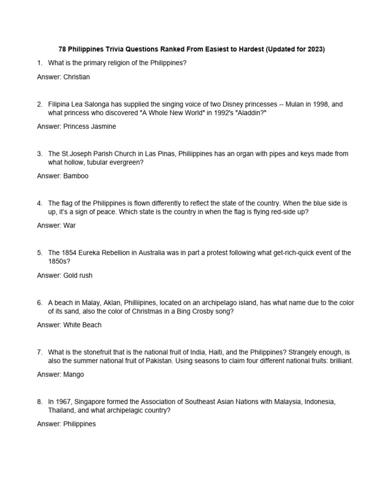 78 Philippines Trivia Questions Pdf Philippines Luzon
