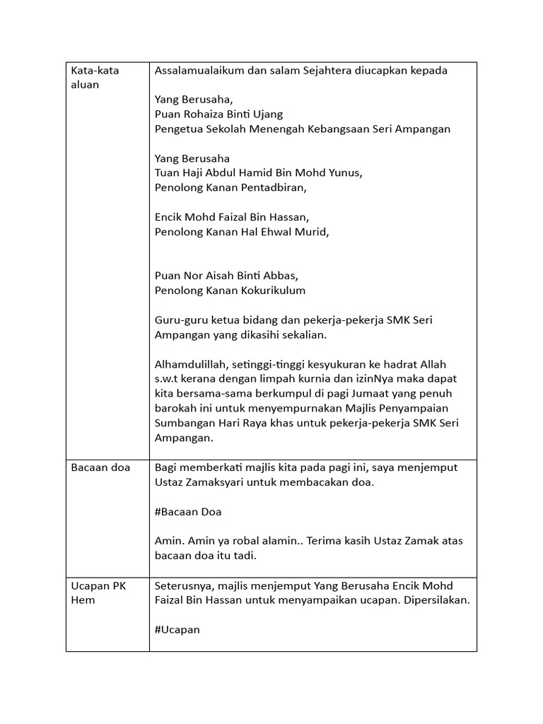 Ayat Aluan Majlis Sumbangan Hari Raya | PDF | Memasak, Makanan, & Anggur
