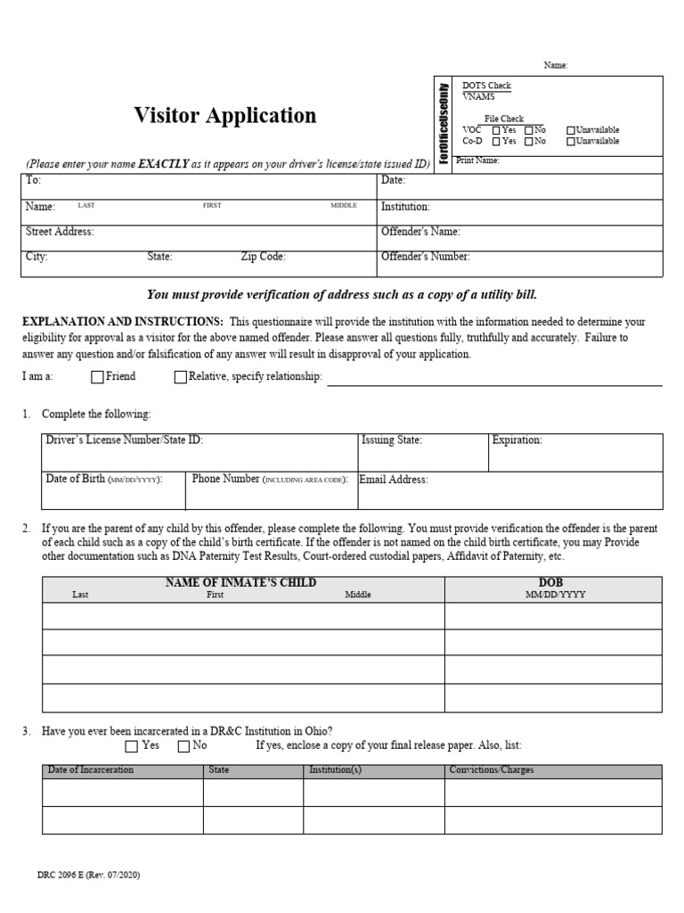 Visitor Application for Incarcerated Offenders | PDF | Probation ...