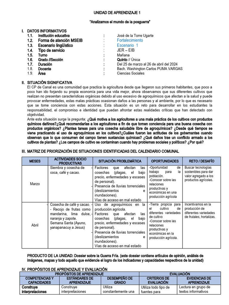 01 Unidad de Aprendizaje 1 CCSS - 5° 2024 | PDF | Aprendizaje | Evaluación