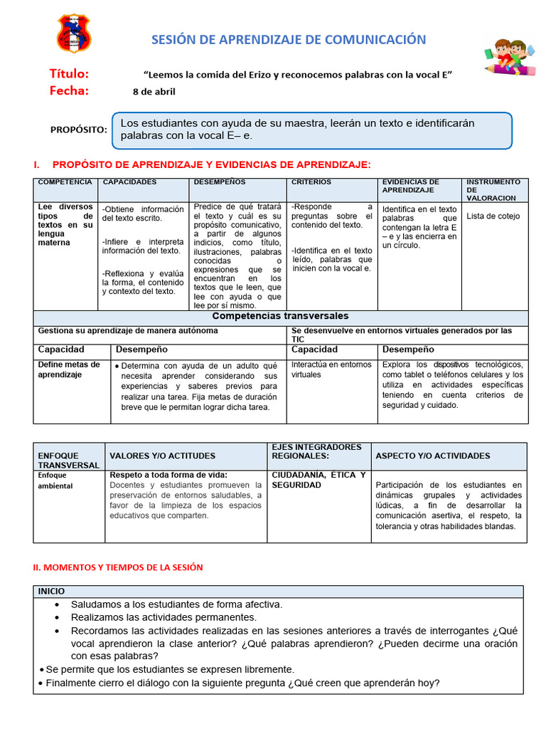 Leemos e Identificamos La Vocal e | PDF | Aprendizaje | Vocal