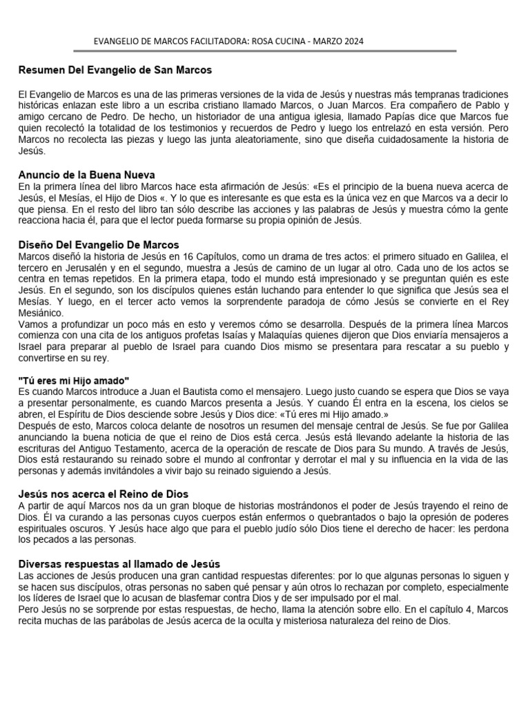 Resumen Del Evangelio de San Marcos | PDF | Jesús | Evangelio de Marcos