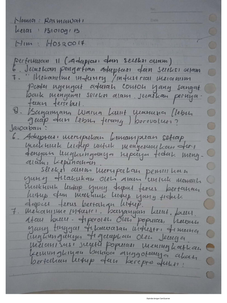 Tugas 11 Adaptasi Dan Seleksi Alam - Rasmawati - Biologi B - H0320017 | PDF