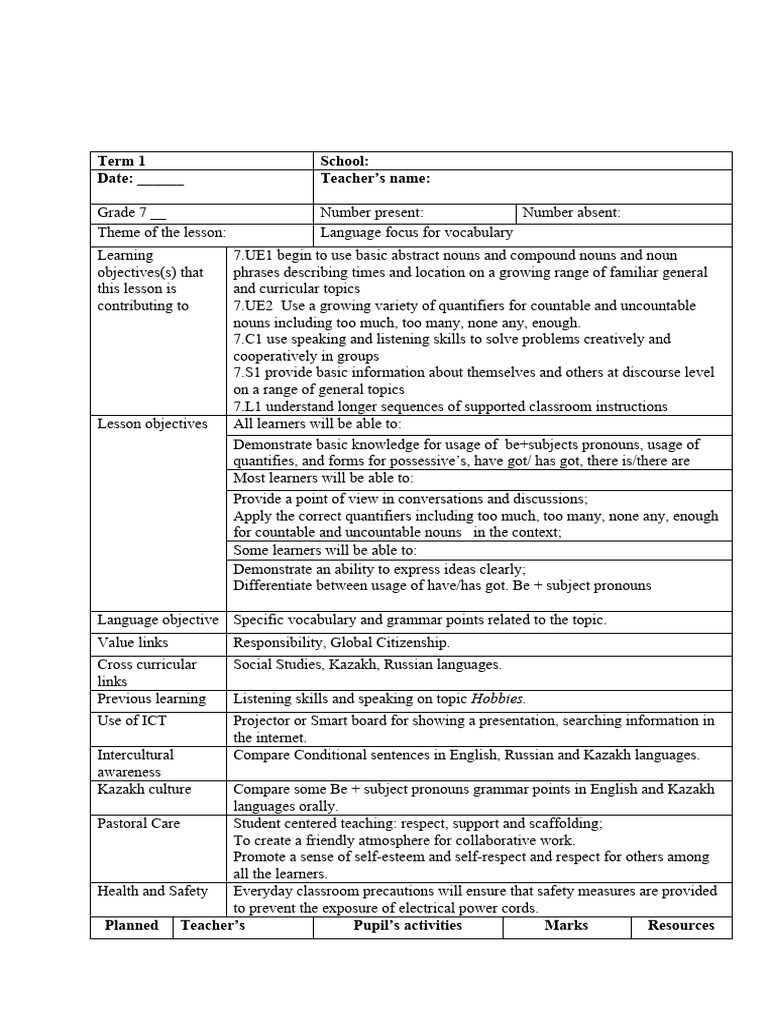 Grade 7 Language Lesson Plan | PDF | Educational Technology | Learning