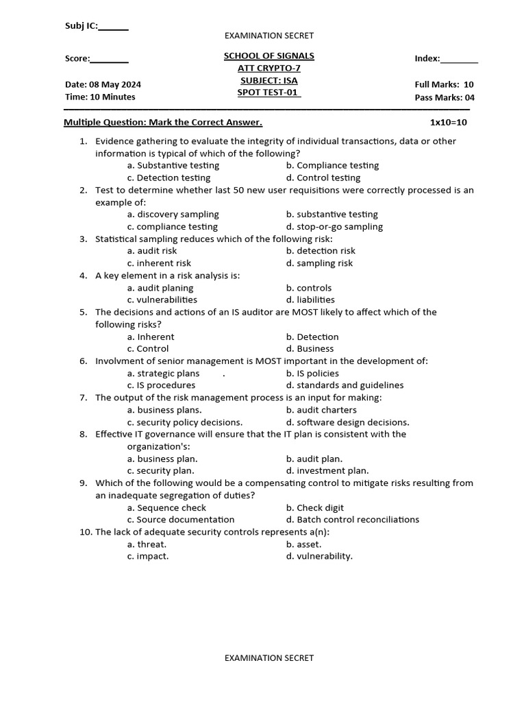 Isa spot test 1 domain 1 and 2 v2 pdf audit risk