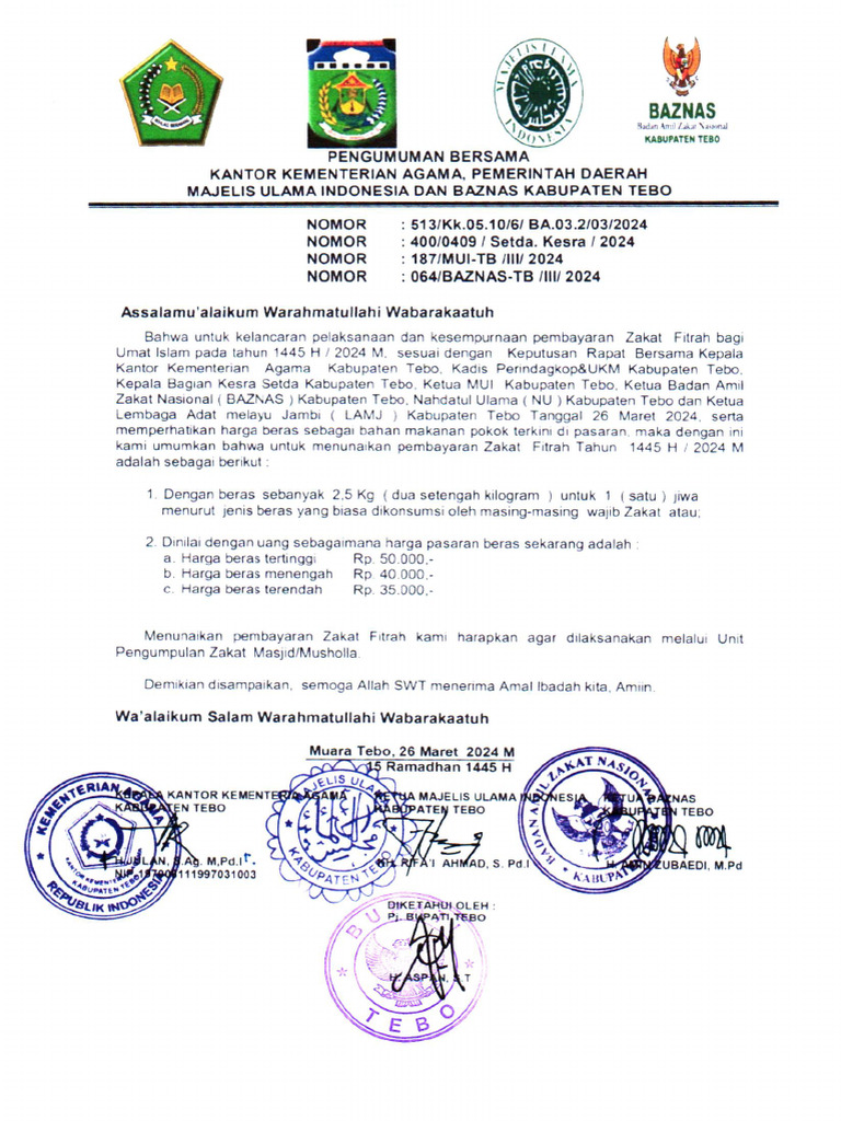 SURAT PENETAPAN BESARAN ZAKAT FITRAH 2024 (2)-1 | PDF