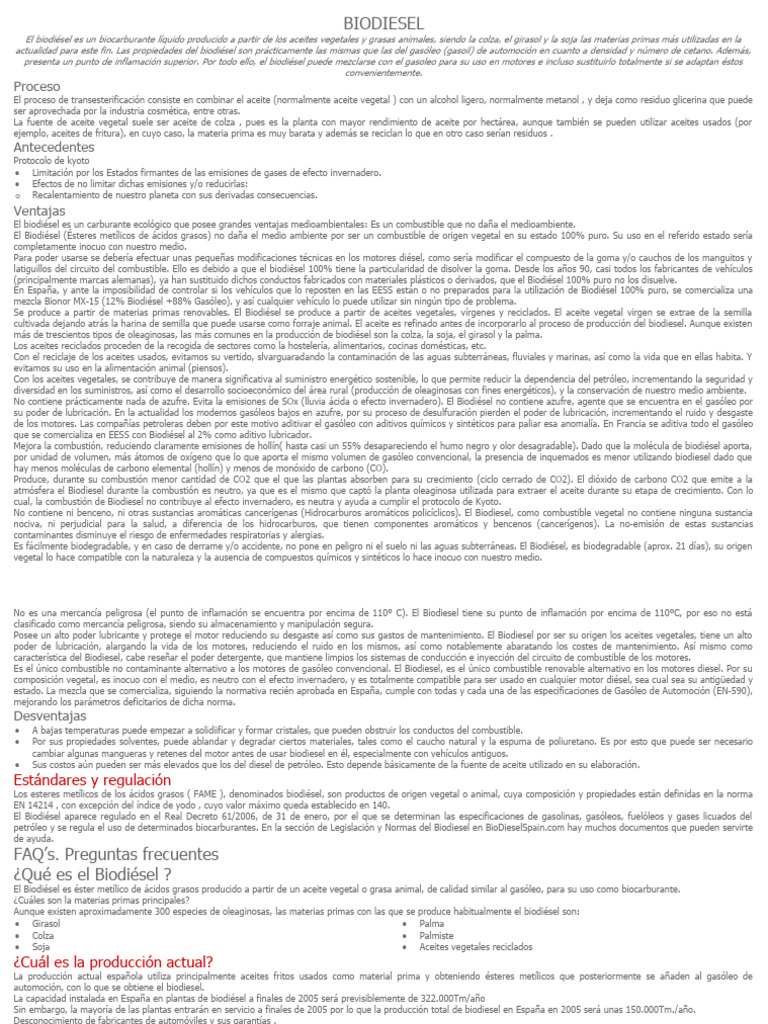 Beneficios y Producción del Biodiésel | PDF | Biodiésel | Aceite vegetal