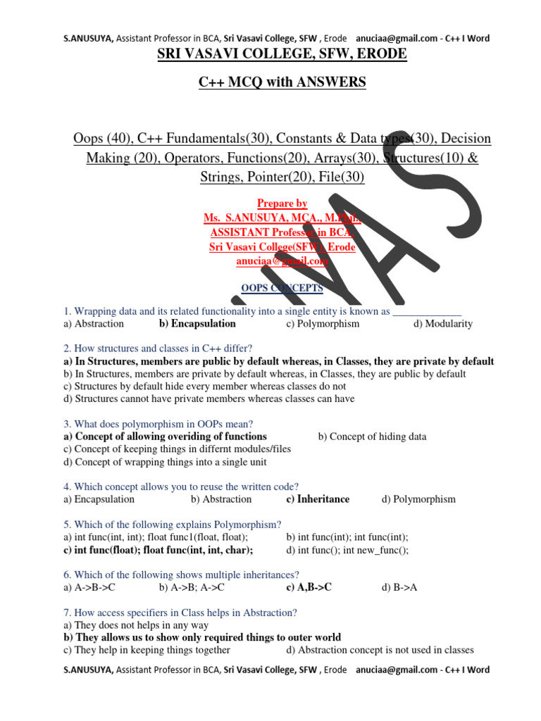C++ MCQs with Answers for Students | PDF | C++ | Class (Computer ...