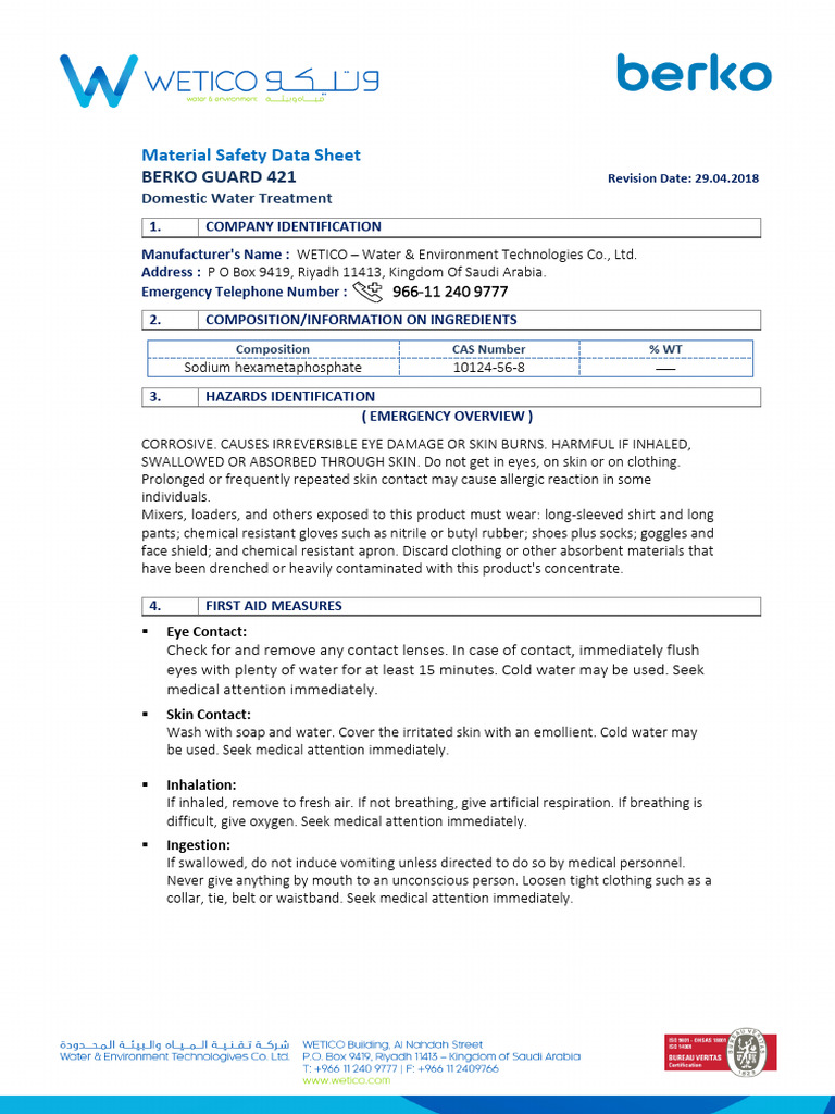 Berko Guard 421 Safety Data Sheet | PDF | Water | Toxicity
