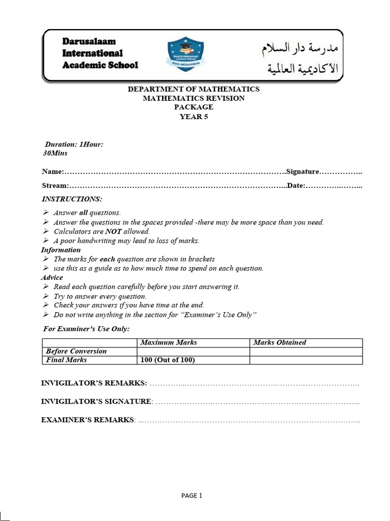 Year 5 Mathematics Revision Exam | PDF | Area | Mathematics