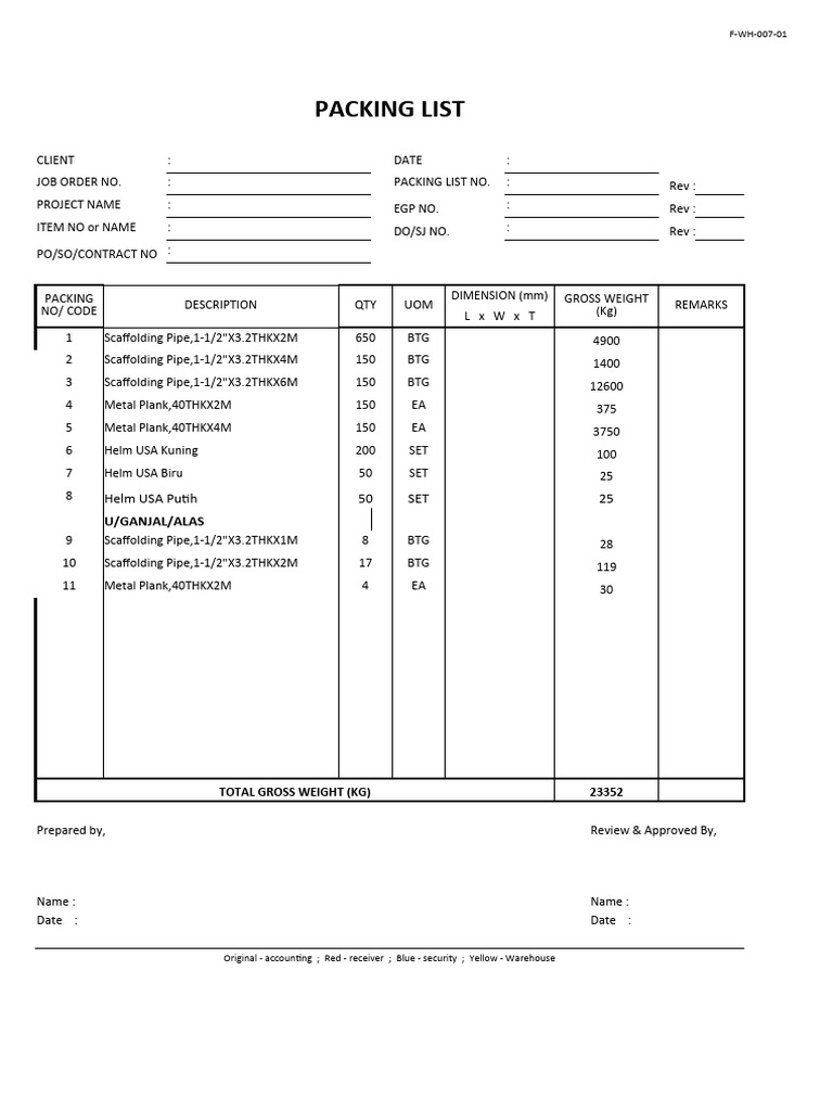 Packing List Template and Samples | PDF | Scaffolding | Equipment