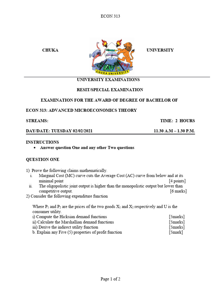 Econ 313 Exam 2021 Supp Pdf Oligopoly Economics